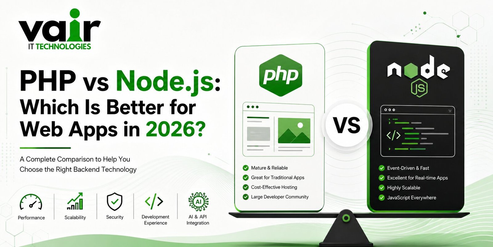 PHP vs Node.js comparison for web app development in 2026 showing backend technology differences