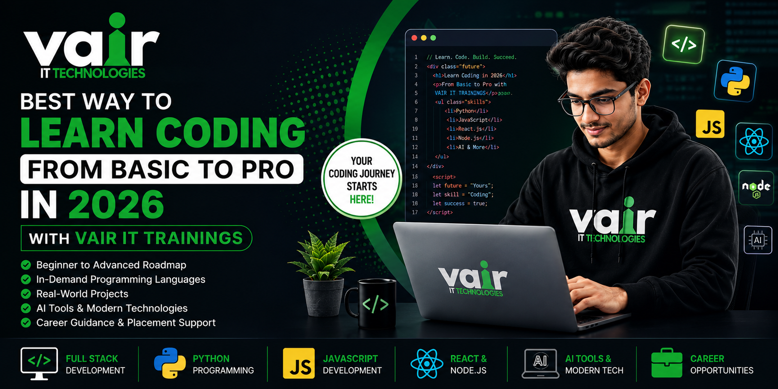 Best Way to Learn Coding from Basic to Pro in 2026 with VAIR IT TRAININGS â€“ Full Stack Development, Python, JavaScript, React JS, Node.js & AI Programming Course