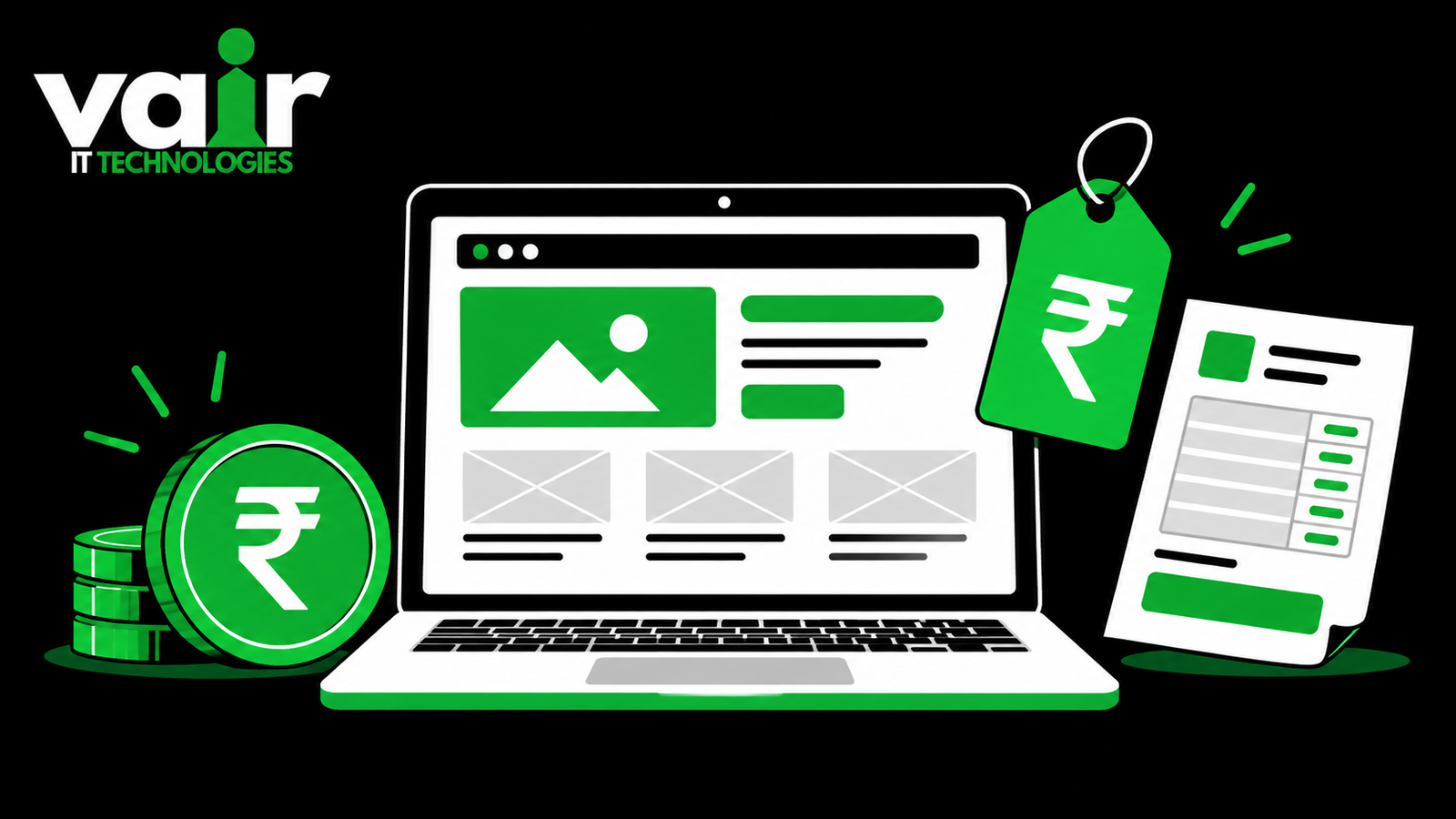 Laptop showing a business website next to a rupee price tag and invoice, illustrating business website cost in India in 2026