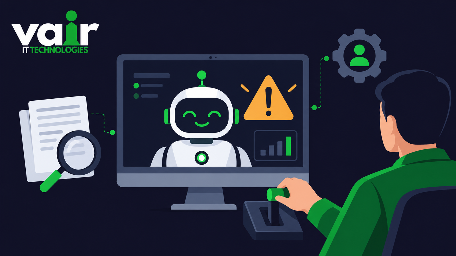 Illustration of an AI robot being supervised by a human operator, representing why businesses need human oversight of AI agents